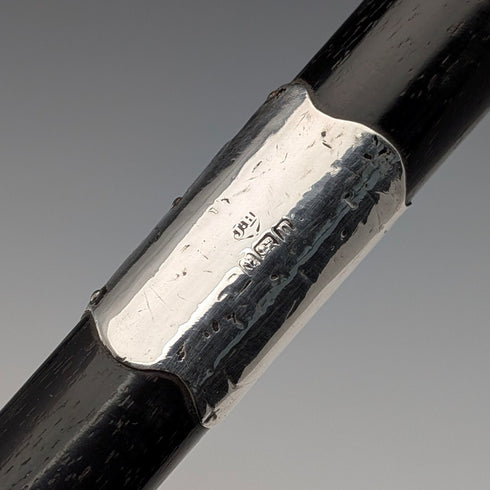 1912 British antique black shaft, curved handle, pure silver decoration, walking stick, 90cm, J Howell & Co.